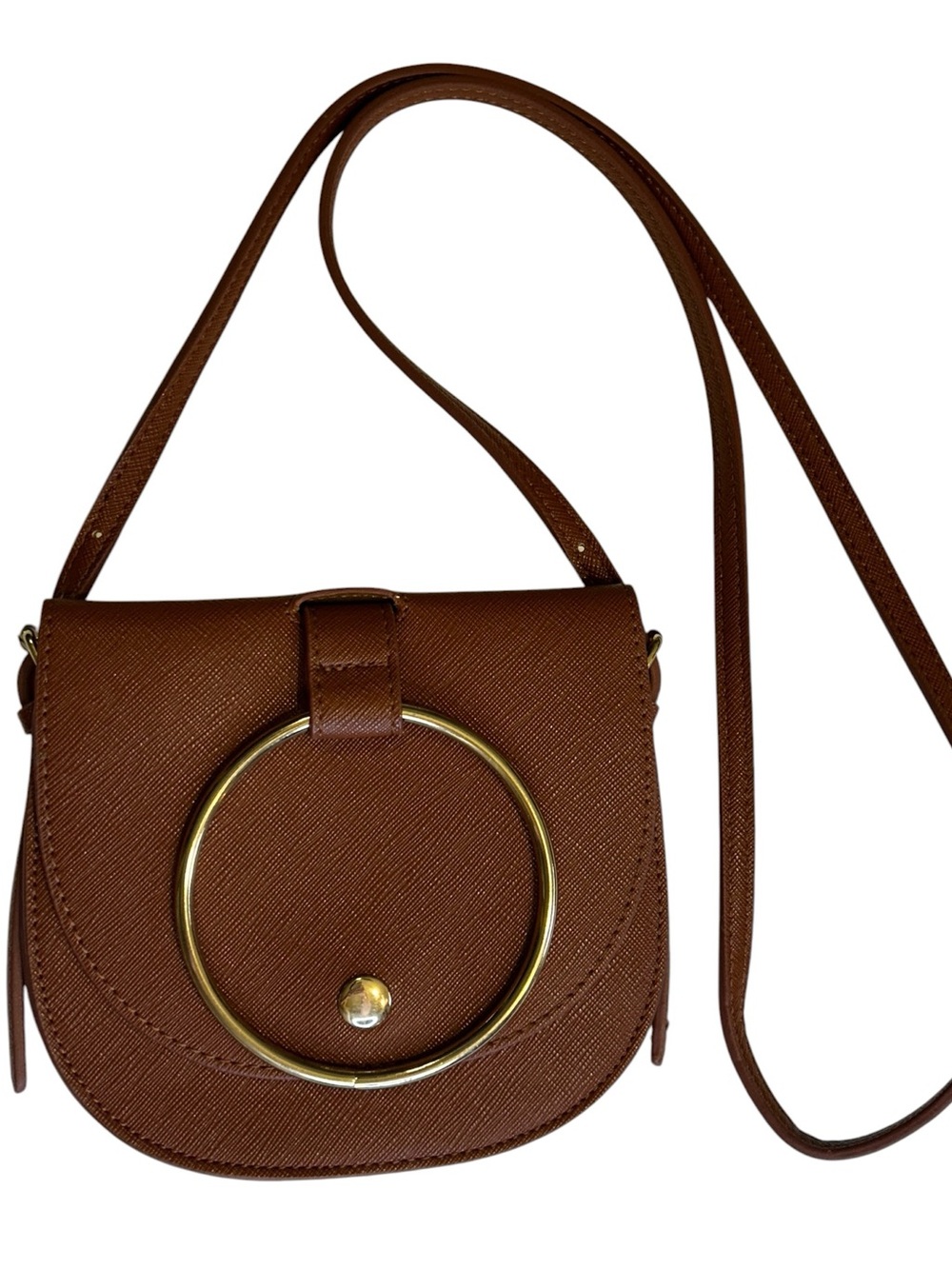 Who What Wear Brown Saddle Crossbody Bag Gold Ring Faux Leather Mini Purse